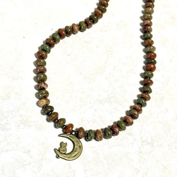 Genuine Earthy Polychrome Jasper Bronze Cat on the Moon Beaded Short Necklace - Picture 5 of 13